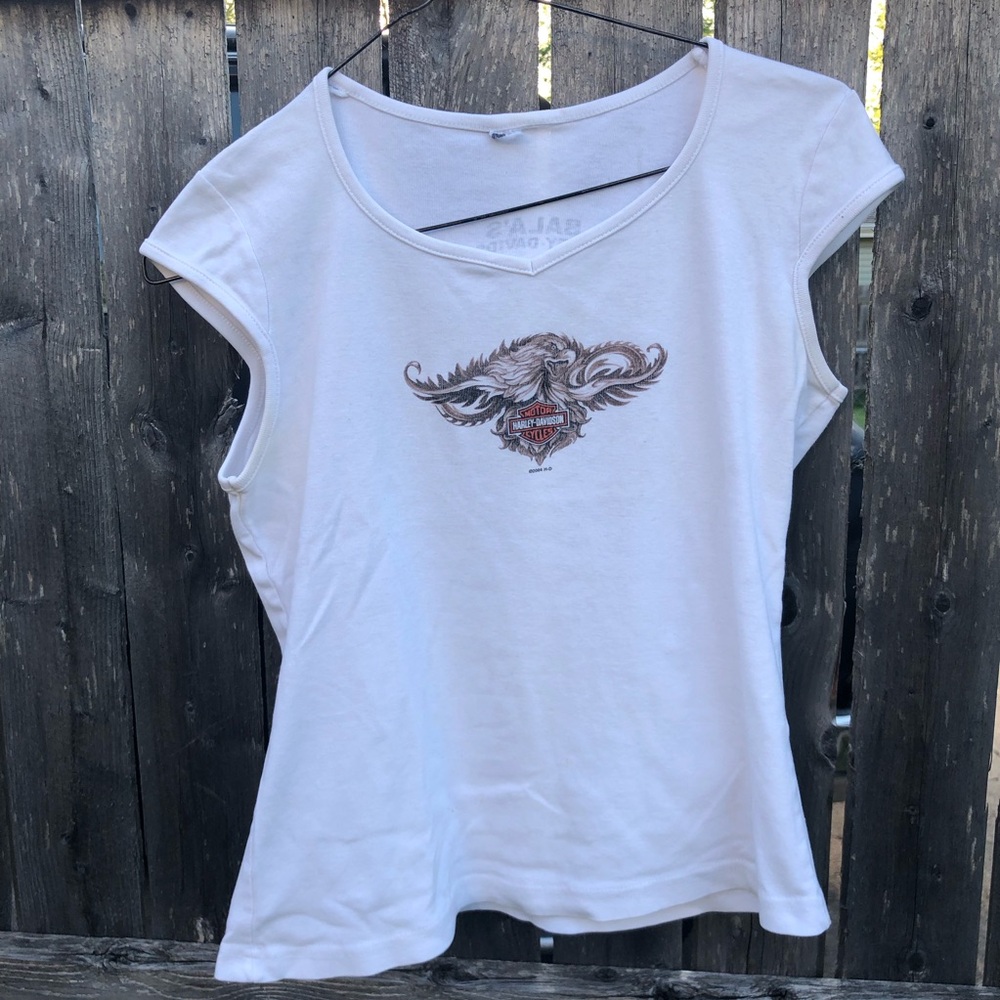 Y2K Harley-Davidson White Women's Cap Sleeve baby Tee